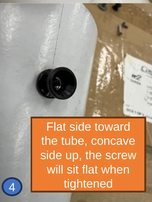 4 — Rail button on the nut: flat side toward the tube, concave side up, so the screw sits flat.