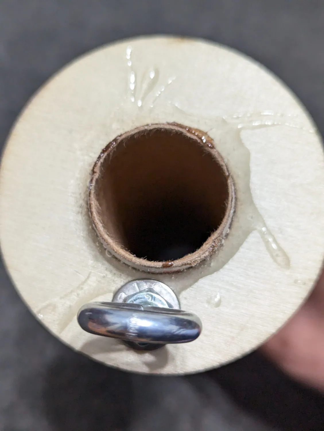 Looking down the motor mount — eyebolt hardware on the back of the forward ring.