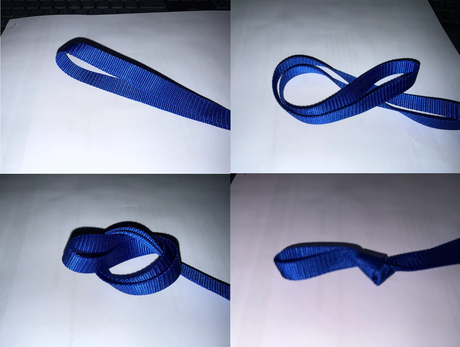 Folding the cord and tying the loop, in four steps.